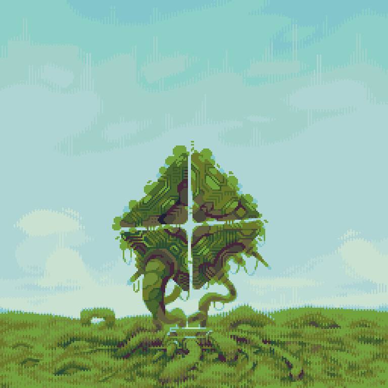original, clear sky, fantasy, floating, floating object, no humans, overgrown, pixel art, plant, ruins, scenery, sky, sky focus, surreal, ventiquepxl, vines