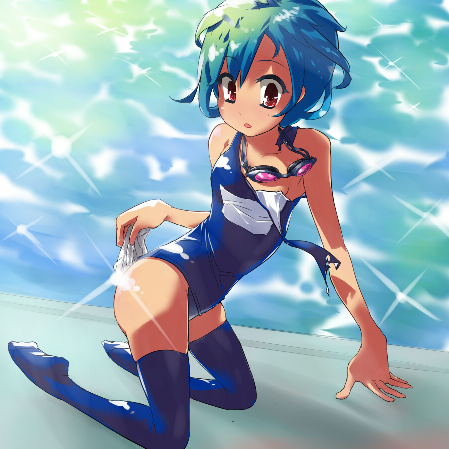 blue vert, original, brown eyes, goggles, multicolored hair, one-piece swimsuit, school swimsuit, short hair, solo, swimsuit, thighhighs, torn clothes, wardrobe malfunction, water