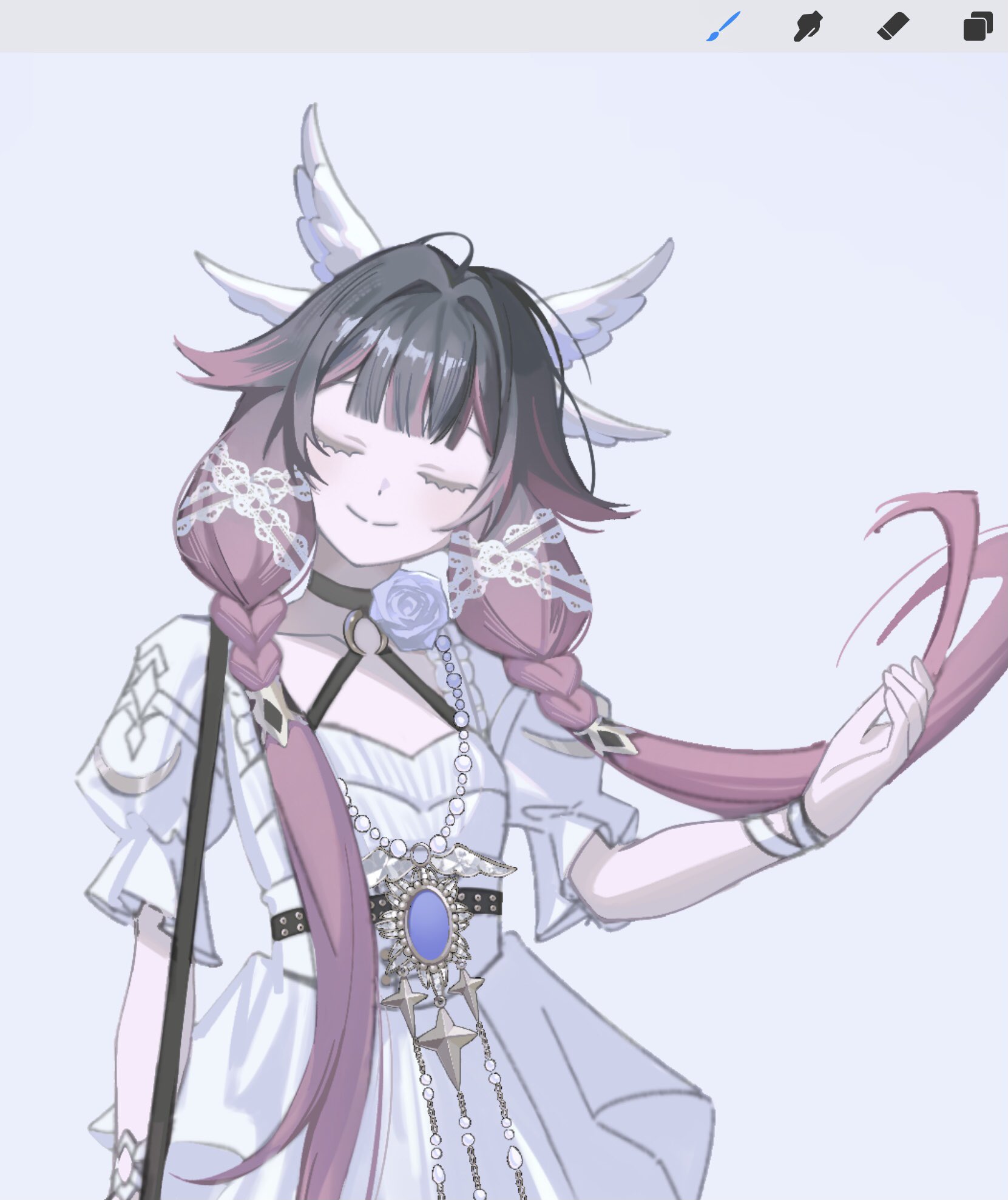 big itachi, columbina (genshin impact), genshin impact, highres, unfinished, 1girl, alternate costume, alternate hairstyle, belt, black belt, black choker, black hair, choker, closed eyes, dress, grey background, hair intakes, halterneck, head wings, multicolored hair, puffy short sleeves, puffy sleeves, purple hair, short sleeves, simple background, solo, two-tone hair, upper body, white dress, wings