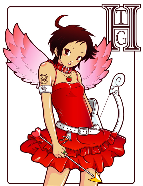 kzm, ahoge, arrow (projectile), belt, black hair, bow (weapon), collar, dress, short hair, solo, weapon, wings