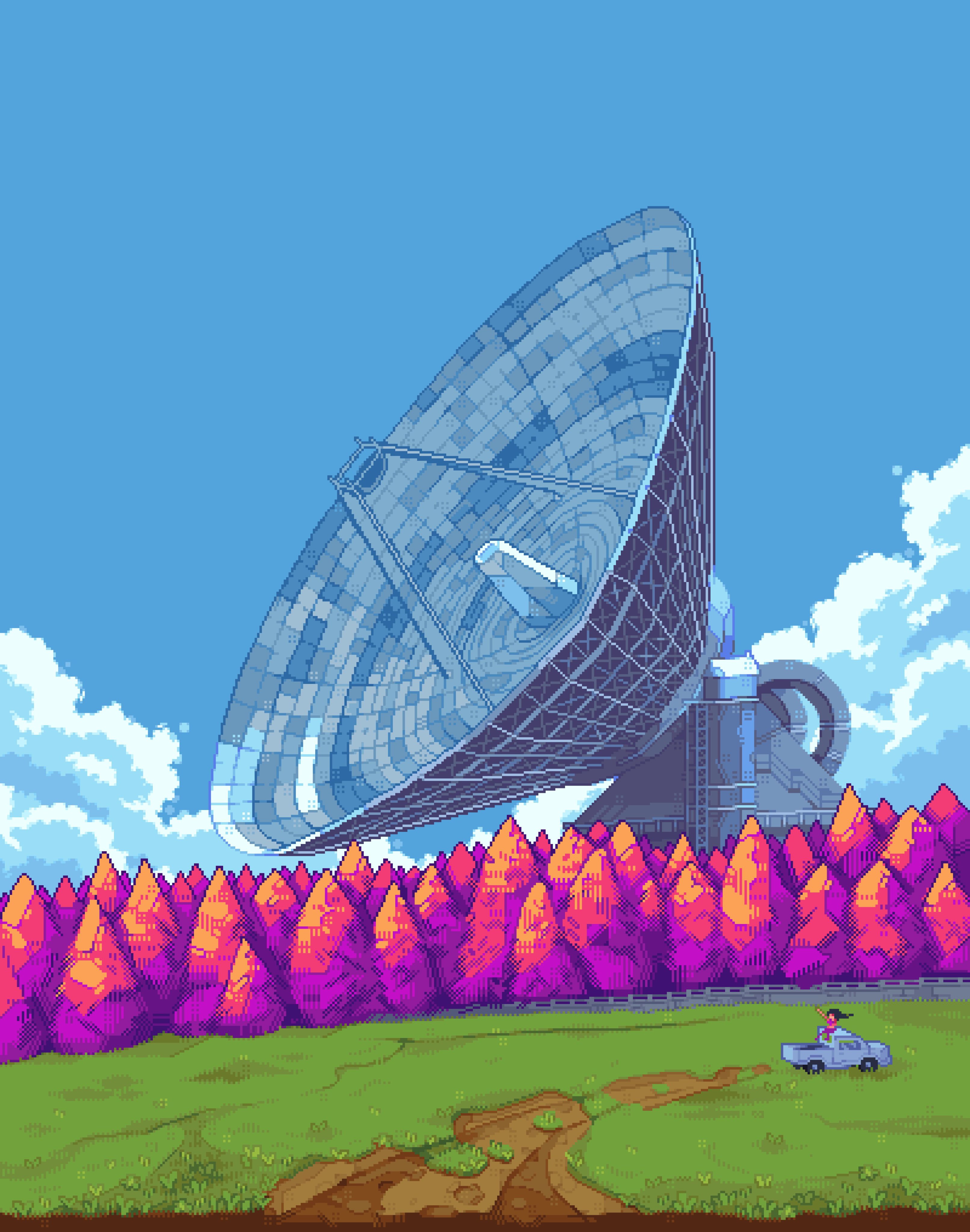 original, absurdres, highres, 1other, cloud, cloudy sky, day, dirt road, dutch angle, fence, forest, mini person, motor vehicle, nature, outdoors, pixel art, road, satellite dish, scenery, sitting, sky, tree, truck, ventiquepxl, waving