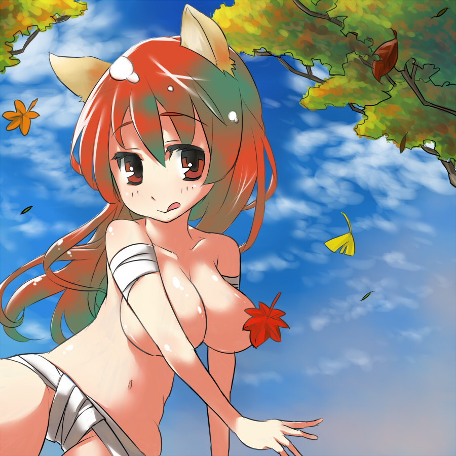blue vert, original, 1girl, animal ears, bandages, breasts, brown eyes, censored, censored nipples, convenient censoring, female focus, leaf, leaf censor, medium breasts, multicolored hair, navel, solo, thigh gap, thighs, tongue, topless female
