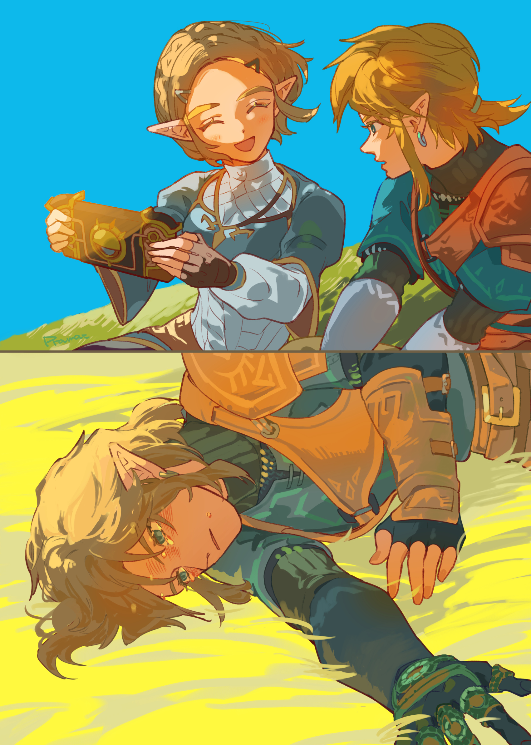 pramai (lim), link, princess zelda, nintendo, the legend of zelda, the legend of zelda: tears of the kingdom, highres, 1boy, 1girl, armor, artist name, belt, black gloves, black pants, black shirt, blonde hair, blue eyes, blue shirt, blue tunic, braid, crying, dutch crown braid, earrings, fingerless gloves, gauntlets, gloves, hoop earrings, jewelry, long sleeves, medium hair, multiple hair clips, pants, pointy ears, puffy long sleeves, puffy sleeves, sheikah slate, shirt, short hair, single braid, split screen, tears, tunic, turtleneck, turtleneck shirt, undershirt