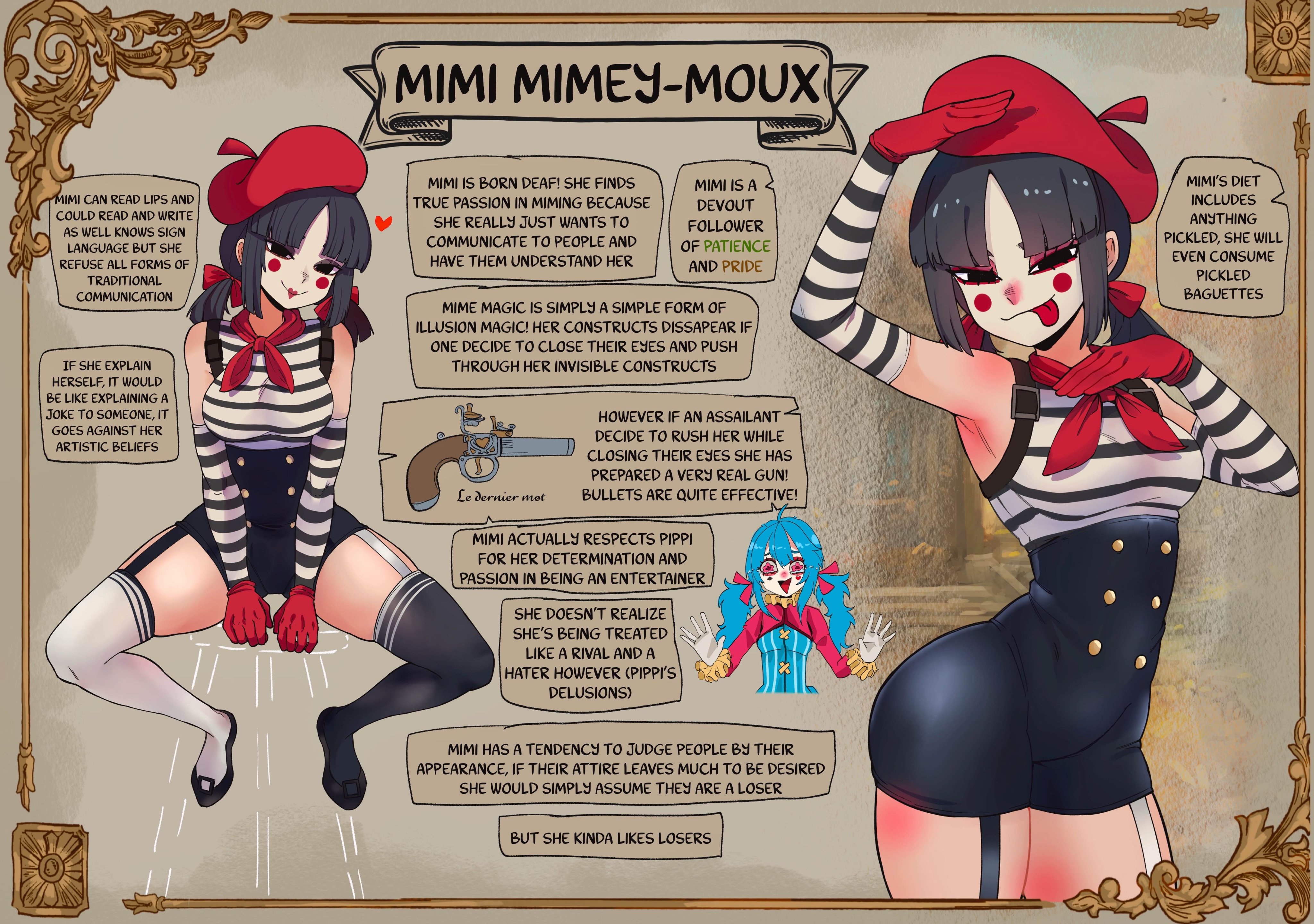 basedbinkie, pippi panini (basedbinkie), original, pink top, absurdres, highres, 2girls, :p, ahoge, aqua dress, aqua hair, arm up, armpits, ascot, asymmetrical legwear, banner, beret, black eyes, black thighhighs, blush stickers, chivalry starved, club (shape), colored skin, crying, crying with eyes open, dress, english text, facepaint, floating, french text, garter straps, gloves, grin, gun, hat, heart, illusion, jester, light smile, low twintails, mime, mimi mimey (basedbinkie), mismatched legwear, multiple girls, outline, parted bangs, pink lips, pink ribbon, pink skin, red ascot, red gloves, red ribbon, reference sheet, ribbon, shirt, sitting, smile, speech bubble, striped clothes, striped shirt, striped sleeves, tears, thighhighs, tongue, tongue out, triangle mouth, twintails, wavy eyes, weapon, white outline, white thighhighs, wide hips, zettai ryouiki