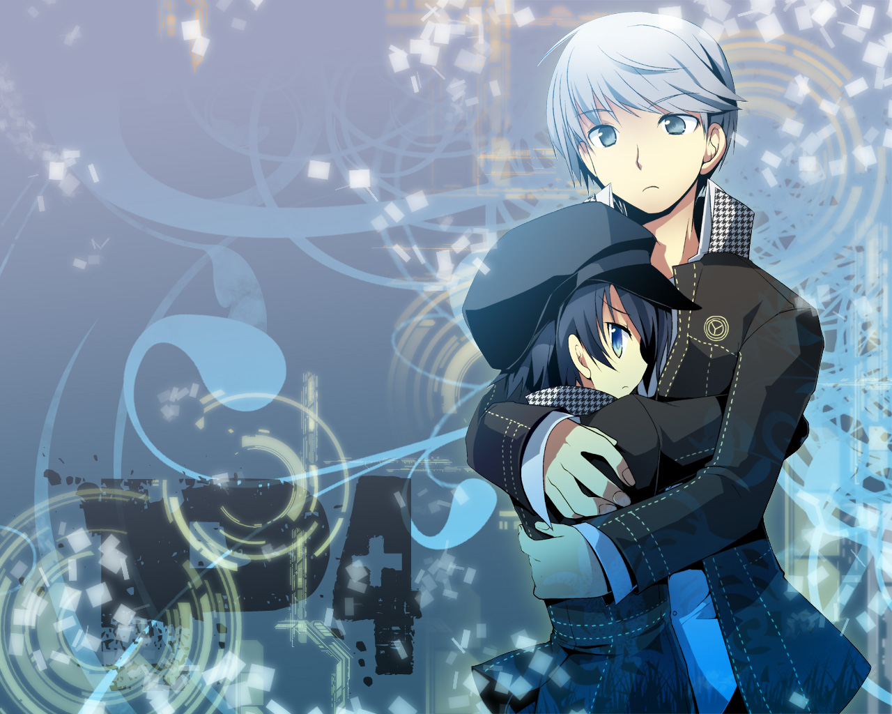 kamiyoshi rika, narukami yu, shirogane naoto, atlus, persona, persona 4, bad id, bad pixiv id, 1boy, 1girl, androgynous, blue eyes, blue hair, couple, grey hair, hat, hetero, hug, newsboy cap, reverse trap, school uniform, short hair, tomboy
