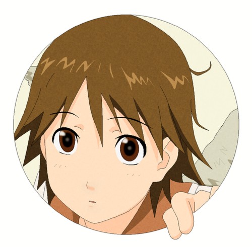 es (pixiv295215), rakka (haibane renmei), haibane renmei, lowres, 00s, 1girl, brown eyes, brown hair, female focus, fourth wall, messy hair, solo, static cling