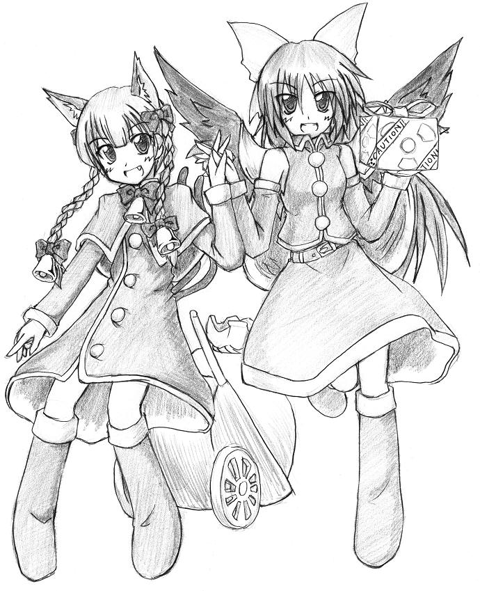 eku, kaenbyou rin, reiuji utsuho, touhou, bad id, bad pixiv id, 2girls, christmas, female focus, gift, greyscale, holding hands, monochrome, multiple girls