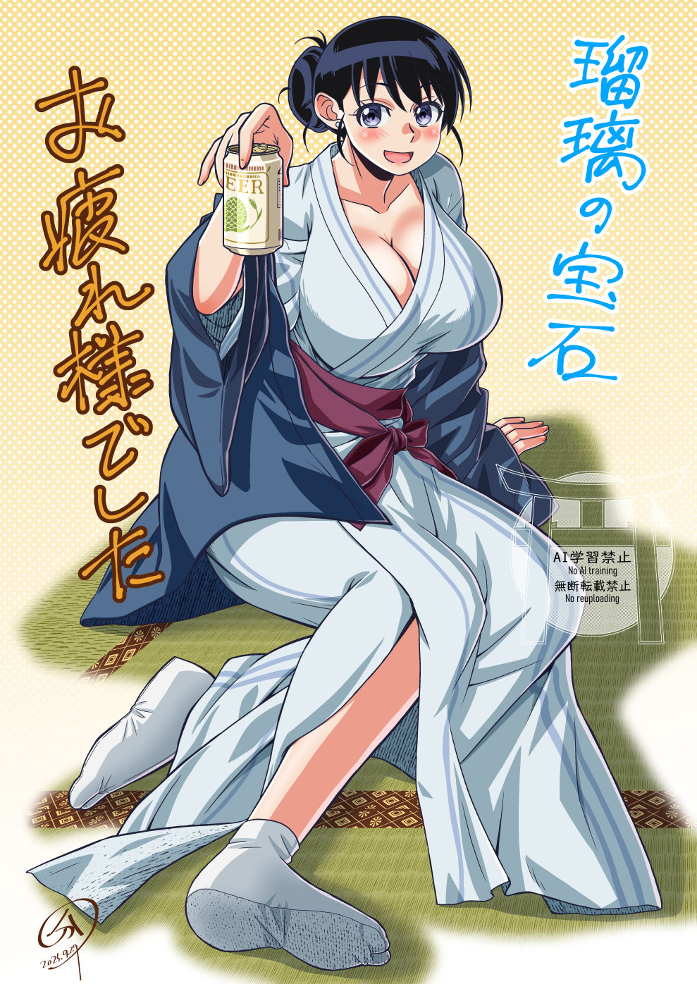 buntaichou, arato nagi, ruri no houseki, highres, :d, arm support, beer can, belt, black hair, blue eyes, blue kimono, breasts, can, cleavage, collarbone, dated, drink can, drunk, earrings, hair bu, hair bun, holding, holding can, huge breasts, japanese clothes, jewelry, kimono, looking at viewer, open mouth, purple belt, signature, single hair bun, sitting, smile, socks, stud earrings, tabi, tatami, white socks, yellow background, yukata