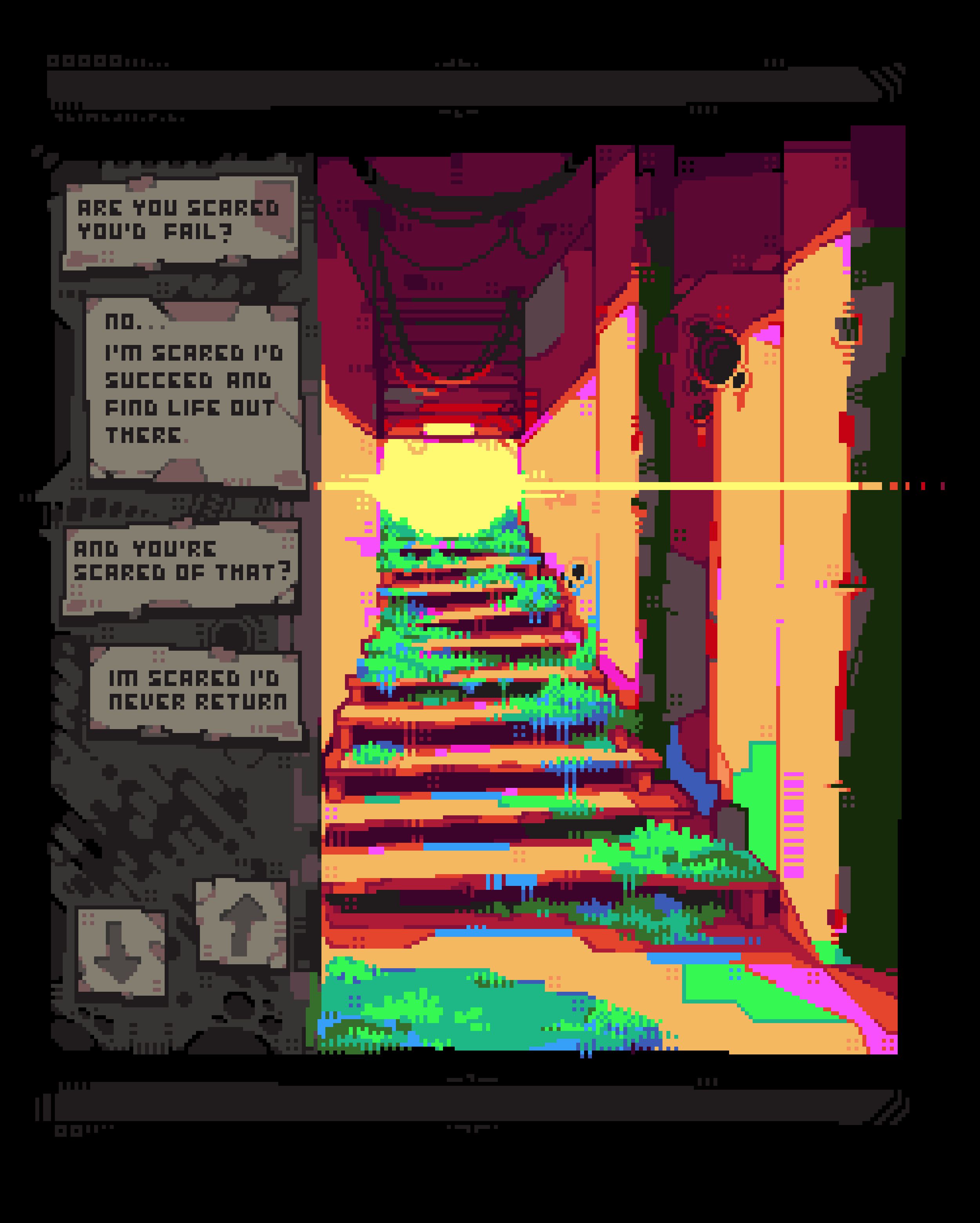 original, absurdres, highres, black border, border, cable, dialogue box, english text, hallway, lens flare, no humans, overgrown, pixel art, saturated, scenery, stain, stairs, ventiquepxl
