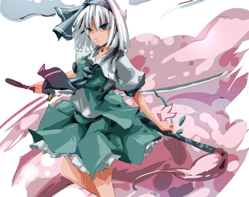 dain, konpaku youmu, konpaku youmu (ghost), touhou, bad id, bad pixiv id, 1girl, blue eyes, female focus, hairband, hitodama, katana, short hair, solo, sword, weapon, white hair