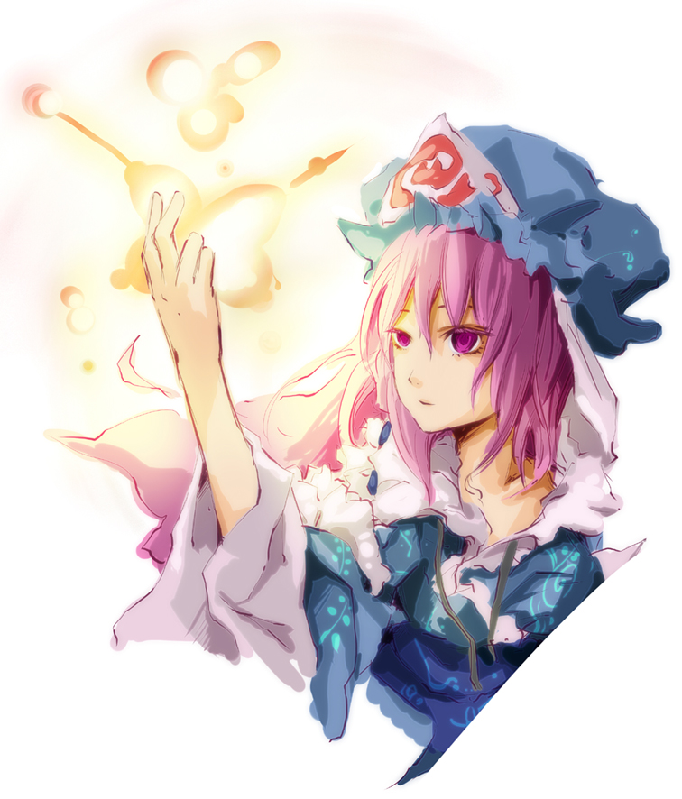 dain, saigyouji yuyuko, touhou, bad id, bad pixiv id, 1girl, female focus, gradient background, hat, pink eyes, pink hair, solo, upper body, white background