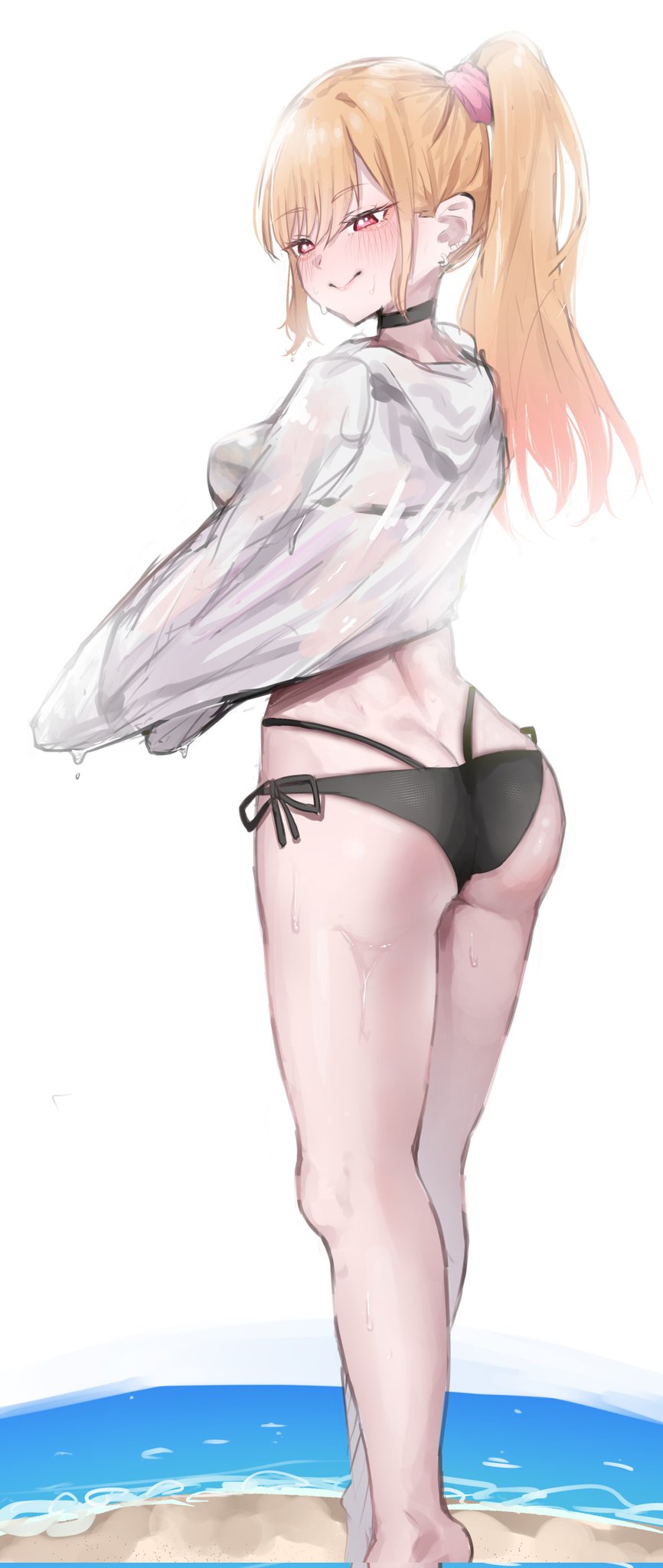 spacetazune, kitagawa marin, sono bisque doll wa koi wo suru, 1girl, beach, bikini, bikini under clothes, black bikini, black choker, blodne hair, blush, breasts, butt crack, choker, earrings, from behind, gyaru, high ponytail, highleg, highleg bikini, jewelry, layered bikini, lips, long hair, looking back, medium breasts, ocean, pink eyes, pink scrunchie, ponytail, scrunchie, shirt, side-tie bikini bottom, smile, solo, standing, swimsuit, undressing, wet, wet clothes, wet shirt, whale tail (clothing), white background, white shirt