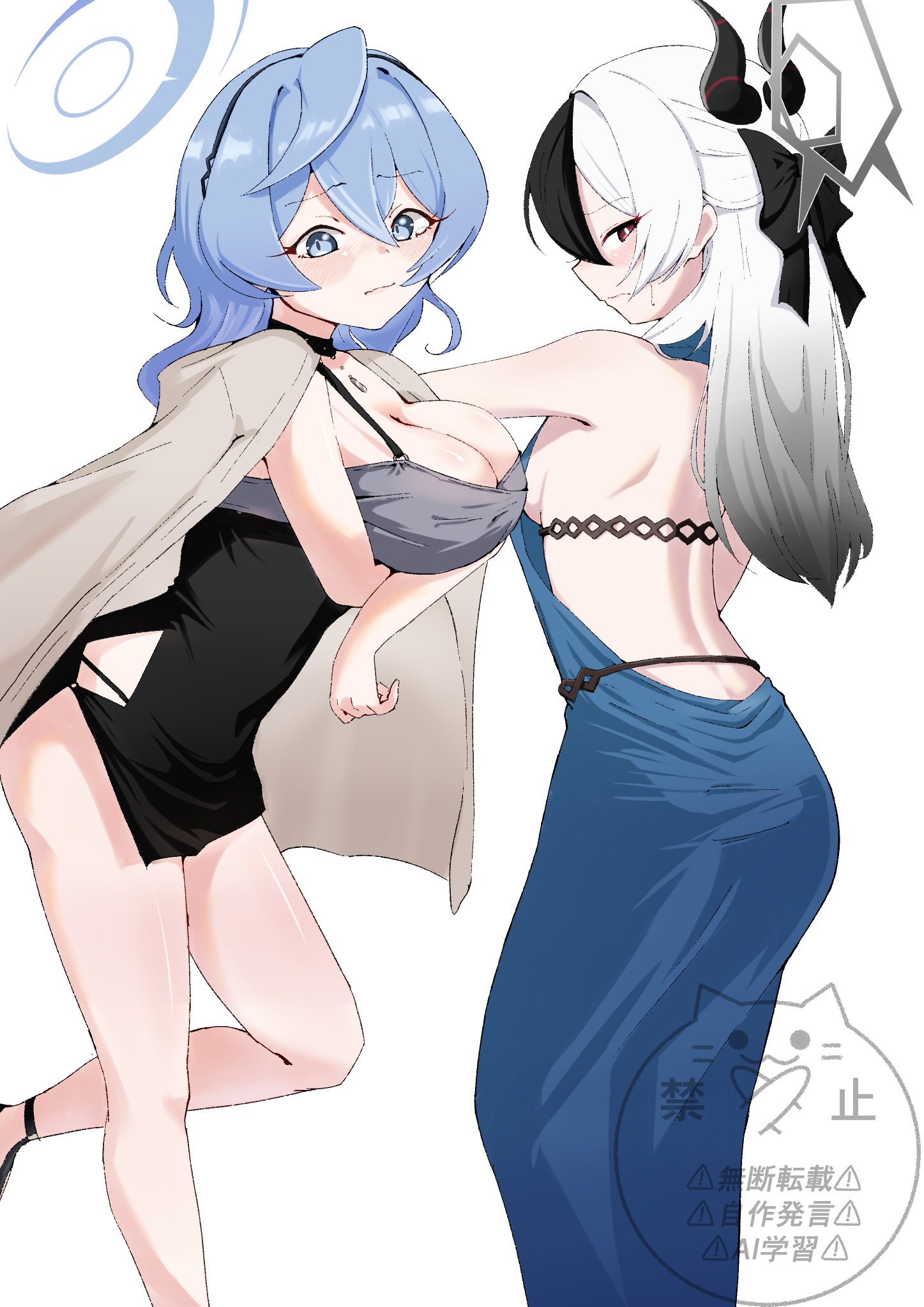 so-ko, ako (blue archive), ako (dress) (blue archive), kayoko (blue archive), kayoko (dress) (blue archive), blue archive, 2girls, anklet, arched back, arms under breasts, back, backless dress, backless outfit, black bow, black choker, black dress, black hair, black hairband, black shoes, blue dress, blue eyes, blue hair, blush, bow, breast lift, breasts, bright pupils, brown shirt, choker, cleavage, cosplay, costume switch, covered navel, dress, embarrassed, from behind, from side, hair bow, hairband, halo, horns, jewelry, large breasts, lips, long hair, looking back, medium breasts, medium hair, multicolored hair, multiple girls, open clothes, open shirt, pendant, pendant choker, red eyes, shirt, shirt on shoulders, shoes, sideboob, sideless dress, standing, tears, two-tone hair, watermark, wavy mouth, white background, white hair, white pupils