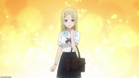 hayasaka ai, smithee a. haysaca, kaguya-sama wa kokurasetai ~tensai-tachi no renai zunousen~, absurdres, animated, animated gif, anime screenshot, highres, translation request, 1girl, bag, black neckerchief, blonde hair, blue eyes, blue sailor collar, blue skirt, blush, braid, breast pocket, breasts, brown bag, collarbone, dot nose, female focus, heart, heart (symbol), japanese text, legs, long hair, medium breasts, midriff, miniskirt, navel, neckerchief, one eye closed, open mouth, pleated skirt, pocket, sailor collar, school bag, school uniform, serafuku, sexually suggestive, short sleeves, skirt, solo, solo focus, stomach, thighs, watch, white serafuku, wink
