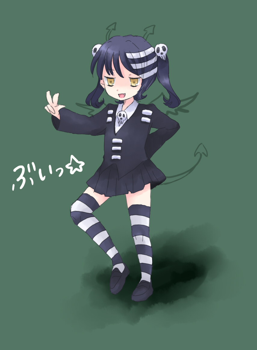 death the kid, soul eater, striped, 00s, 1girl, black hair, fang, female focus, genderswap, genderswap (mtf), short hair, solo, thighhighs, trintails, yellow eyes, zettai ryouiki