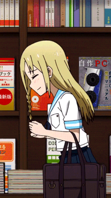 hayasaka ai, smithee a. haysaca, kaguya-sama wa kokurasetai ~tensai-tachi no renai zunousen~, animated, animated gif, anime screenshot, cropped, highres, looping animation, 1girl, anime coloring, bag, blonde hair, blue sailor collar, blue skirt, blush, book, bookshelf, bookshelf pov, braid, breast press, breasts, brown bag, closed eyes, female focus, jumping, legs, long hair, midriff, miniskirt, open mouth, pleated skirt, sailor collar, school bag, school uniform, serafuku, sexually suggestive, short sleeves, skirt, small breasts, solo, solo focus, stomach, thighs, white serafuku