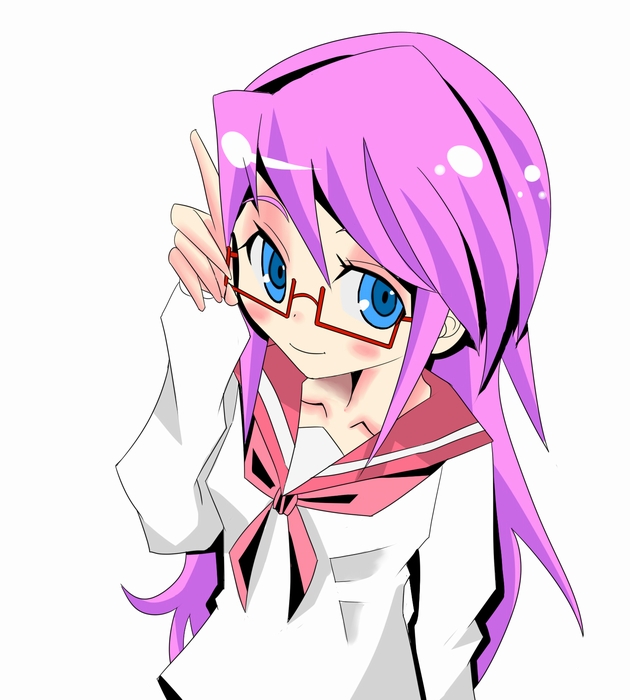 poison42, takara miyuki, lucky star, bad id, bad pixiv id, 00s, 1girl, blue eyes, female focus, glasses, pink hair, school uniform, serafuku, smile, solo