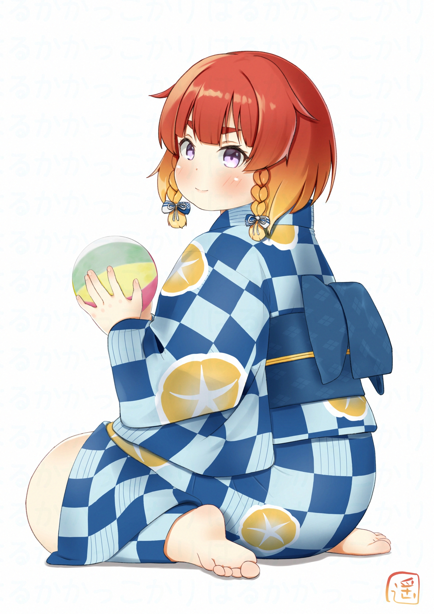 harukakakkokari, etorofu (kancolle), etorofu (yukata) (kancolle), kantai collection, 1girl, ball, barefoot, blonde hair, blue kimono, blush, bow, braid, checkered clothes, checkered kimono, from behind, gradiant hair, hair bow, holding, holding ball, japanese clothes, kimono, lips, looking back, multicolored hair, obi, plump, purple eyes, red hair, sash, short hair, sitting, smile, solo, temari ball, twin braids, wariza, white kimono, yukata