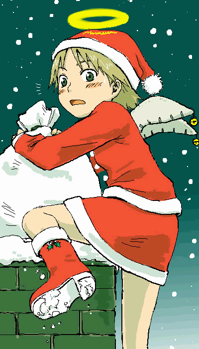 naotan, rakka (haibane renmei), haibane renmei, 00s, bell, boots, brown hair, chimney, christmas, halo, hat, jingle bell, looking back, sack, santa costume, santa hat, snow, solo, surprised, traditional halo, wings