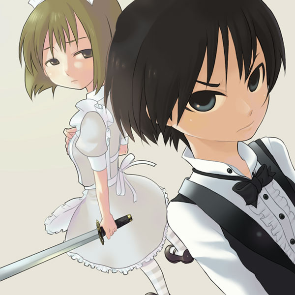 hisayoshi, hisayoshi (hisa), hagiwara yukiho, kikuchi makoto, idolmaster, idolmaster (classic), idolmaster 1, striped legwear, bad id, bad pixiv id, 00s, 2girls, angry, apron, black hair, blue eyes, bow, bowtie, brown eyes, brown hair, dress, dutch angle, from above, looking back, maid, maid apron, multiple girls, pantyhose, short hair, striped clothes, striped pantyhose, sword, thighhighs, vest, weapon