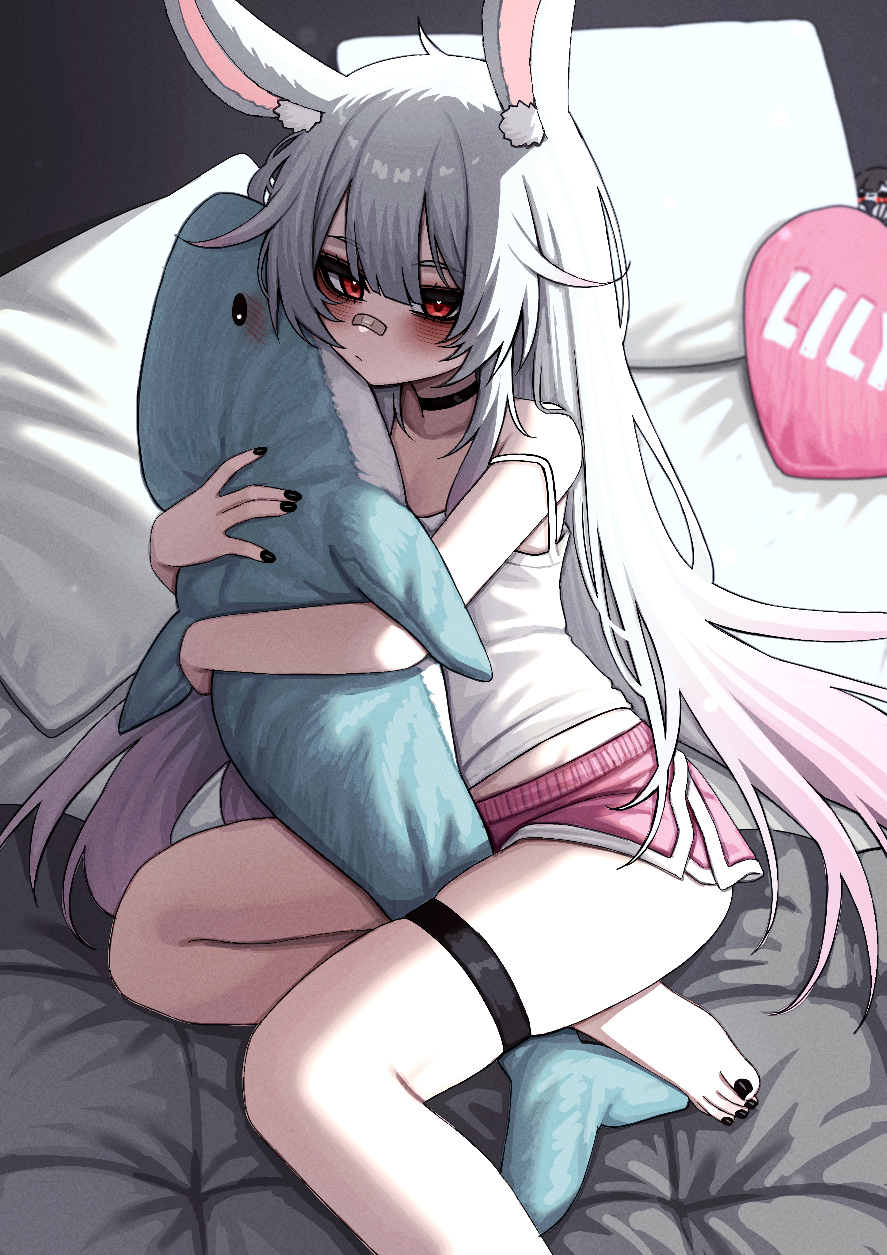 lobsteranian, indie virtual youtuber, absurdres, commentary, highres, 1girl, animal ear fluff, animal ears, bags under eyes, bandaid, bandaid on face, bandaid on nose, barefoot, black choker, black nails, blush, camisole, choker, closed mouth, dolphin shorts, gradient hair, hugging object, long hair, looking at viewer, multicolored hair, nail polish, pillow, pink hair, pink shorts, rabbit ears, rabbit girl, red eyes, short shorts, shorts, solo, stuffed animal, stuffed shark, stuffed toy, thigh strap, toenail polish, toenails, white camisole, white hair