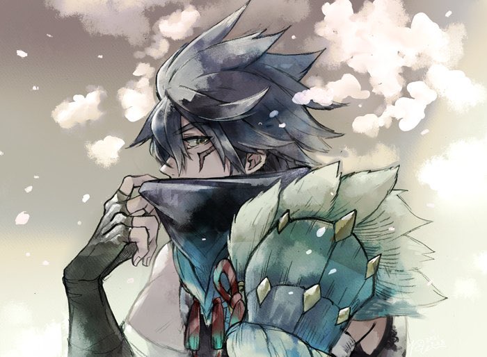 ren-co, master utsushi, monster hunter (series), monster hunter rise, commentary request, 1boy, adjusting mask, armor, arzuros (armor), black gloves, black hair, fingerless gloves, from side, gloves, gradient background, hair between eyes, hand up, looking at viewer, male focus, mask, mouth mask, scar, scar on face, shirt, shoulder armor, sleeveless, sleeveless shirt, solo, steam, upper body