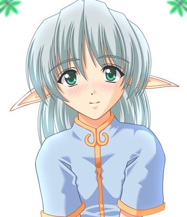 lowres, 1girl, blush, female focus, green eyes, pointy ears, smile, solo