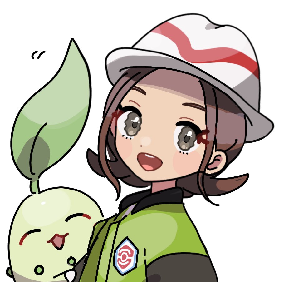 eneko (olavcnkrpucl16a), chikorita, harmony (pokemon), nintendo, pokemon, pokemon legends: z-a, commentary request, 1girl, :d, brown hair, gen 2 pokemon, green jacket, happy, hat, jacket, looking at viewer, open mouth, pokemon (creature), simple background, smile, teeth, upper teeth only, white background, white hat