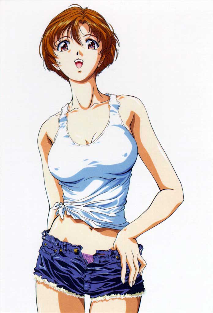 takeuchi nobuyuki, u-jin, kasuga urara, sakura tsuushin, jpeg artifacts, official art, 1990s (style), 1girl, bare arms, bare shoulders, breasts, brown eyes, brown hair, cleavage, collarbone, covered erect nipples, cowboy shot, cutoffs, denim, denim shorts, facing viewer, female focus, large breasts, looking at viewer, matching hair/eyes, medium breasts, midriff, navel, open clothes, open fly, open mouth, panties, panty peek, purple panties, red eyes, retro artstyle, shirt, short hair, short shorts, shorts, simple background, smile, solo, standing, tank top, tied shirt, unbuttoned, underwear, unzipped, white background, white shirt