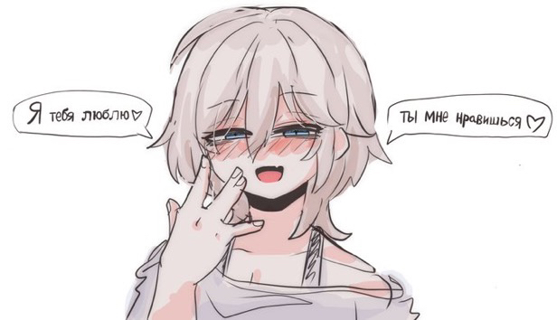 kawamochi (kawauti919), anastasia (idolmaster), idolmaster, idolmaster cinderella girls, translated, 1girl, :d, blue eyes, blush stickers, breasts, cleavage, fang, grey hair, grey shirt, hair between eyes, half-closed eyes, hand up, off shoulder, open mouth, russian text, shirt, simple background, sketch, smile, solo, upper body, white background