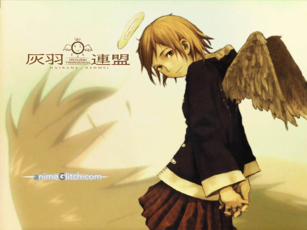 abe yoshitoshi, rakka (haibane renmei), haibane renmei, 00s, 1girl, angel, angel wings, brown eyes, brown hair, english text, female focus, halo, jacket, looking back, messy hair, short hair, skirt, smile, solo, traditional halo, wings