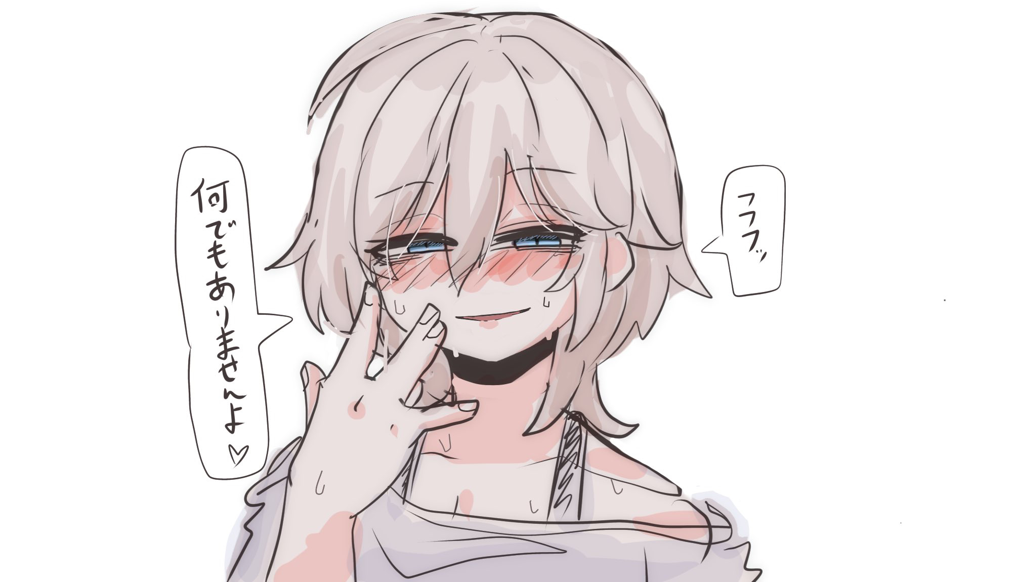 kawamochi (kawauti919), anastasia (idolmaster), idolmaster, idolmaster cinderella girls, check translation, highres, translation request, 1girl, blue eyes, blush, blush stickers, breasts, cleavage, collarbone, grey hair, grey shirt, hair between eyes, half-closed eyes, nose blush, off shoulder, parted lips, shirt, simple background, sketch, smile, solo, sweat, upper body, white background