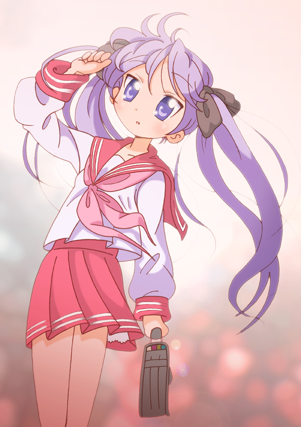 yamasaki wataru, hiiragi kagami, lucky star, 00s, bag, blue eyes, long hair, purple hair, satchel, school bag, school uniform, serafuku, skirt, solo, twintails, wind