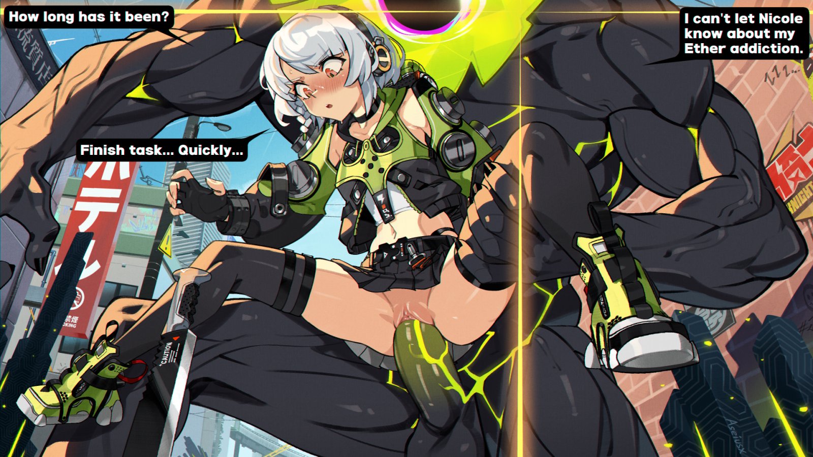 aseiusx, anby demara, ethereal (zenless zone zero), zenless zone zero, highres, 1girl, backpack, bag, black gloves, black thighhighs, breasts, brown eyes, collarbone, crop top, english text, fingerless gloves, gloves, grey hair, headphones, highleg, looking down, medium hair, miniskirt, navel, open mouth, outdoors, pleated skirt, shoes, skindentation, skirt, small breasts, sneakers, speech bubble, spread legs, stomach, sweatdrop, sword, thigh strap, thighhighs, vaginal, weapon