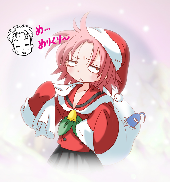 yamasaki wataru, izumi konata, kogami akira, shiraishi minoru, lucky star, 00s, hat, long sleeves, pink hair, santa costume, santa hat, short hair
