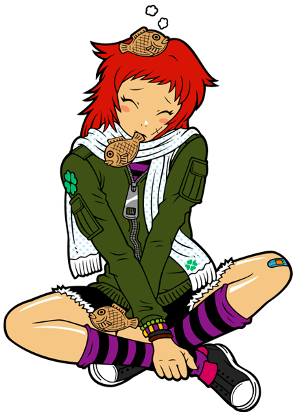 kzm, converse, 1girl, bandaid, bandaid on knee, bandaid on leg, closed eyes, female focus, food, full body, jacket, kneehighs, mouth hold, object on head, polka dot, red hair, scarf, shoes, shorts, sitting, sneakers, socks, solo, striped clothes, striped socks, taiyaki, wagashi, zipper