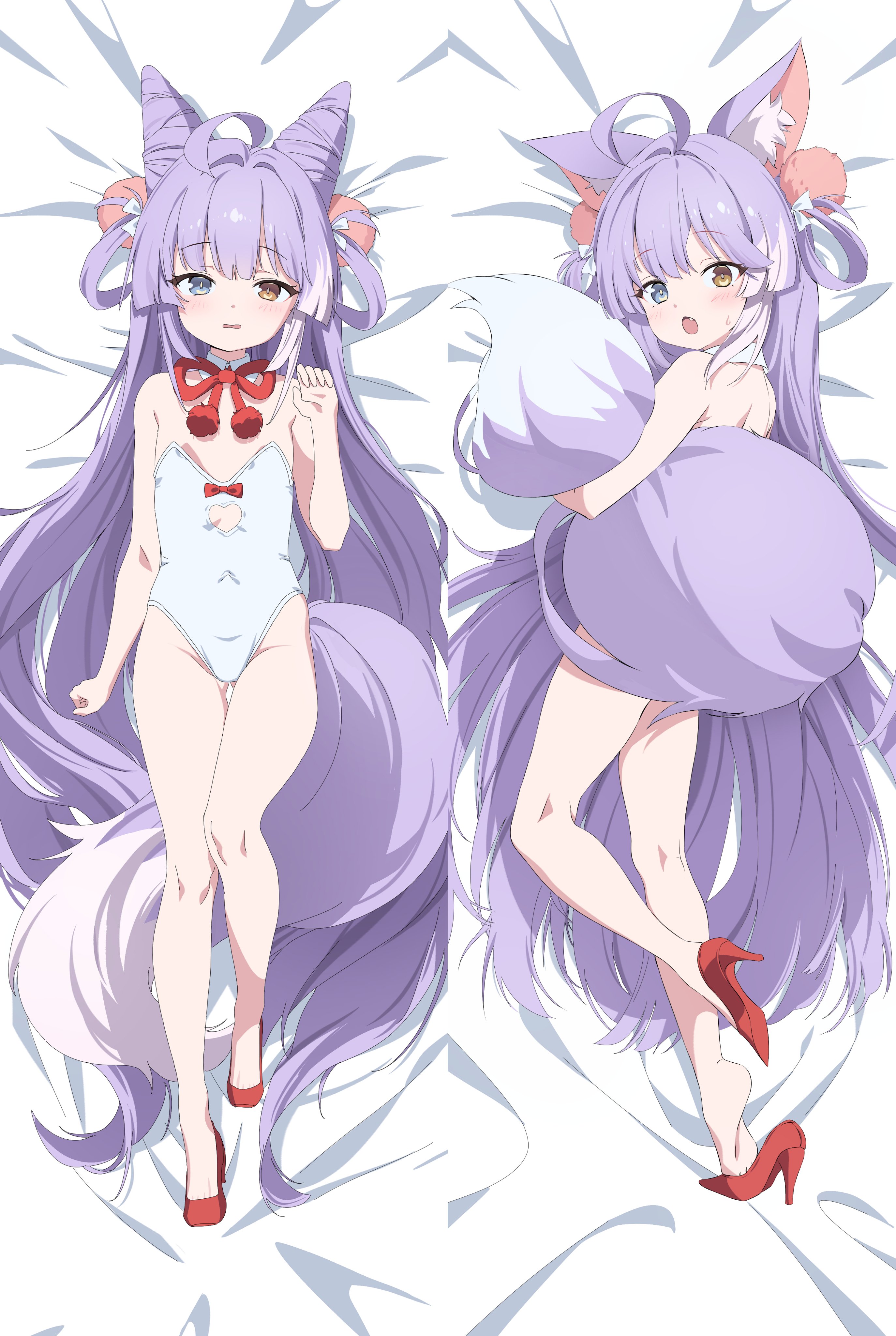 gogoco, tenko shibuki, stellive, absurdres, hashtag-only commentary, highres, 1girl, absurdly long hair, ahoge, animal ear fluff, animal ears, blue eyes, bow, brown eyes, clothing cutout, collar, cone hair bun, covered navel, dakimakura (medium), detached collar, hair bun, hair intakes, hair ornament, heart cutout, heterochromia, high heels, leotard, light blush, long hair, lying, multicolored hair, multiple views, on back, on bed, on side, open mouth, parted lips, pom pom (clothes), pom pom hair ornament, purple hair, purple tail, red bow, red shoes, shoes, streaked hair, sweat, tail, very long hair, virtual youtuber, wavy mouth, white collar, white leotard, white streaks, wispy bangs
