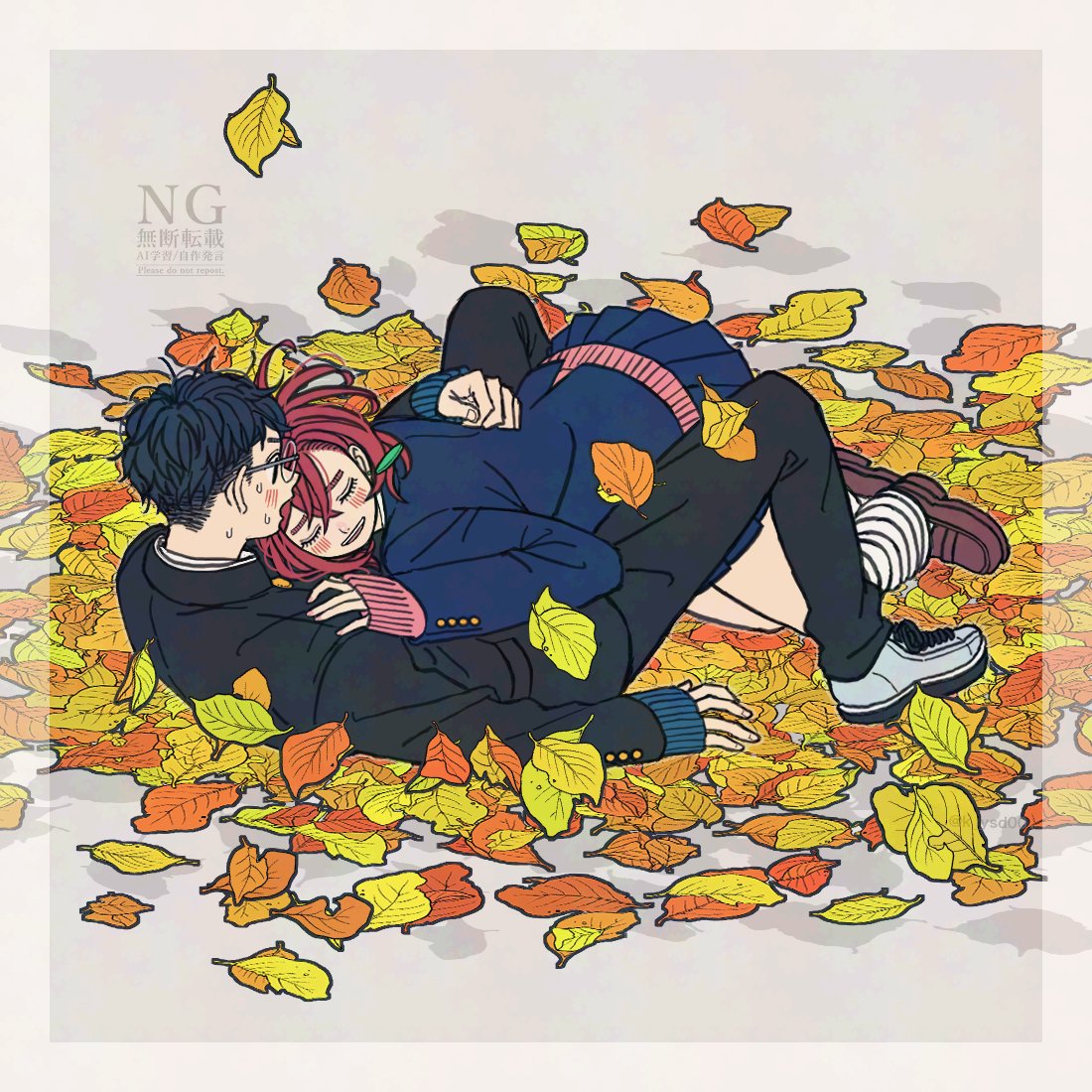 k ysd001, ayase momo, takakura ken (dandadan), dandadan, commentary, english commentary, 1boy, 1girl, arm around back, autumn leaves, black hair, black jacket, black pants, blue jacket, blue skirt, blush, brown hair, brown shoes, closed eyes, couple, earrings, falling leaves, from side, full body, gakuran, glasses, jacket, jewelry, kami high school uniform, leaf, long sleeves, looking at another, loose socks, lying, lying on person, miniskirt, on back, on stomach, open mouth, pants, parted lips, pink sweater, pleated skirt, round eyewear, school uniform, shoes, short hair, skirt, sleeves past wrists, socks, sweat, sweater, white socks