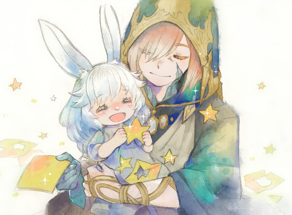ren-co, crystal exarch, g'raha tia, lyna (ff14), final fantasy, final fantasy xiv, commentary request, 1boy, 1girl, aged down, animal ears, brown hair, closed eyes, crystallization, dress, grey dress, grey hair, hair over one eye, holding, hood, hood up, long hair, open mouth, rabbit ears, short sleeves, smile, star (symbol), upper body, white background, wide sleeves