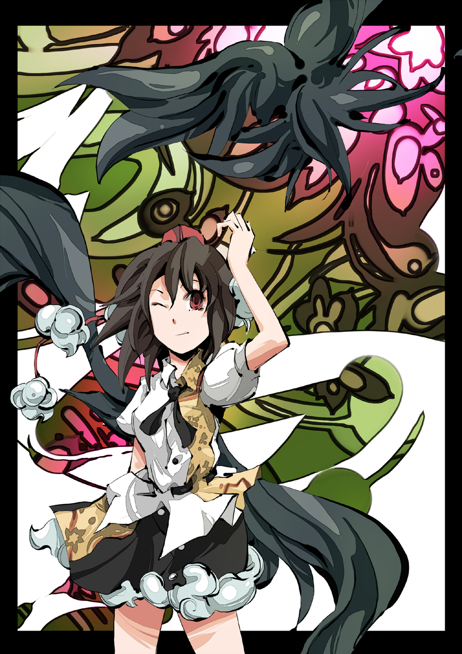 dain, shameimaru aya, touhou, bad id, bad pixiv id, highres, 1girl, black hair, black wings, brown hair, female focus, hat, red eyes, skirt, solo, tokin hat, wings