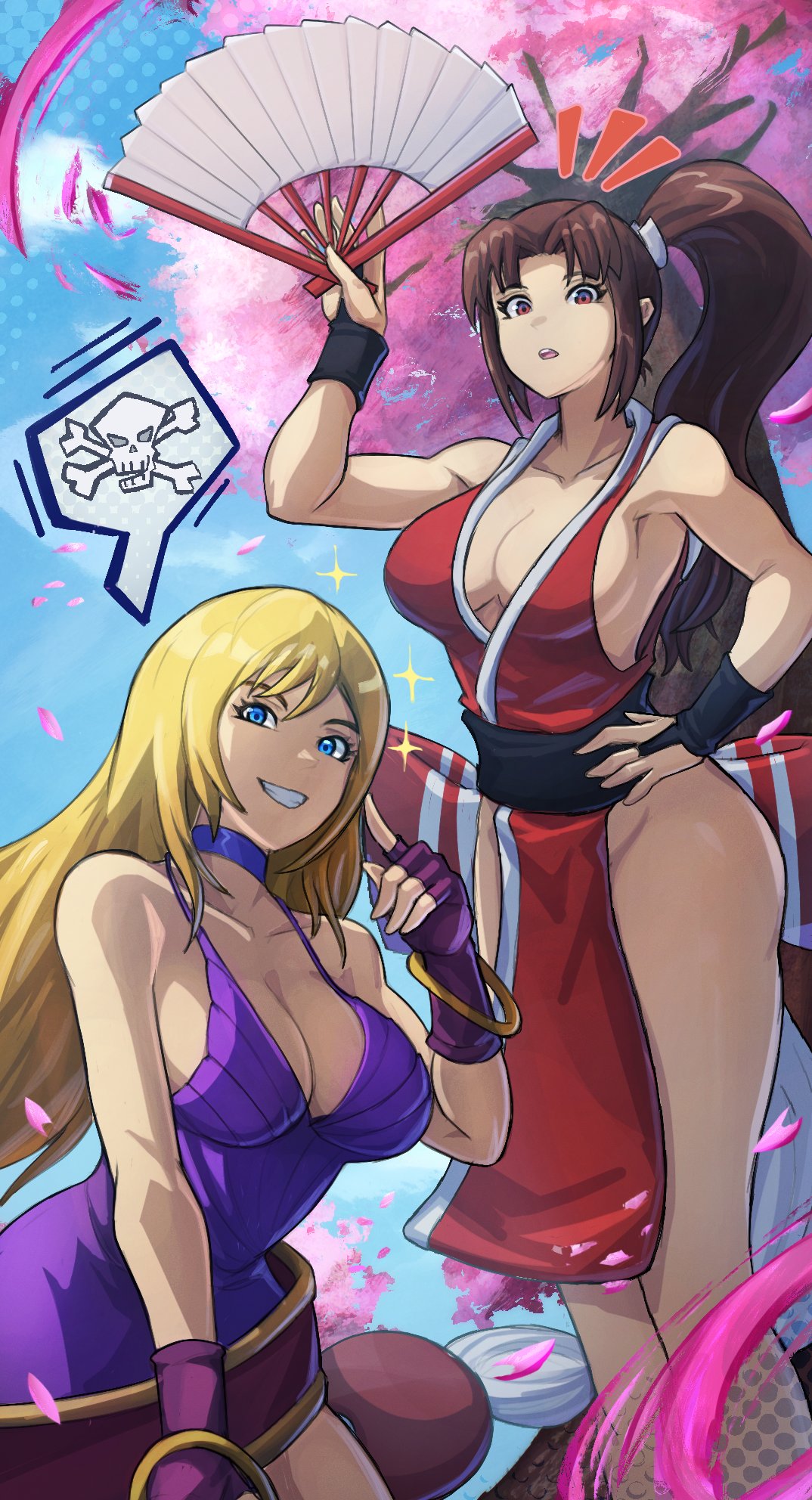 alex dos diaz, b. jenet, shiranui mai, fatal fury, the king of fighters, highres, 2girls, ben-day dots, blonde hair, blue eyes, blue sky, bracelet, breasts, brown hair, cherry blossoms, cloud, cloudy sky, dress, falling petals, fingerless gloves, gloves, grin, hand fan, holding, holding fan, image in speech bubble, jewelry, large breasts, long hair, motoyui, multiple girls, petals, ponytail, purple dress, red eyes, revealing clothes, screentones, shout lines, skull and crossbones, sky, smile, sparkle, thighs