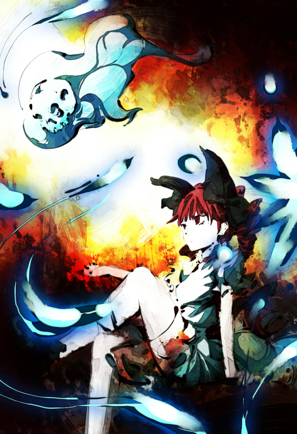 dain, kaenbyou rin, touhou, bad id, bad pixiv id, highres, 1girl, animal ears, braid, cat ears, cat girl, drill hair, female focus, red eyes, red hair, sitting, solo, twin braids
