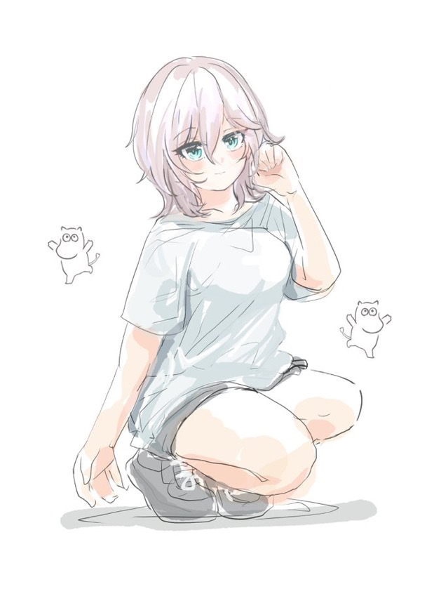 kawamochi (kawauti919), anastasia (idolmaster), moomintroll, idolmaster, idolmaster cinderella girls, moomin, 1girl, black shoes, black shorts, blue eyes, breasts, closed mouth, full body, grey hair, hair between eyes, hand up, looking at viewer, medium breasts, shadow, shirt, shoes, short sleeves, shorts, simple background, smile, solo, squatting, white background, white shirt