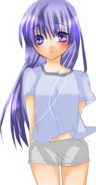 furude rika, higurashi no naku koro ni, 00s, arms behind back, blue hair, long hair, purple eyes, shirt, short shorts, shorts, simple background, solo, standing