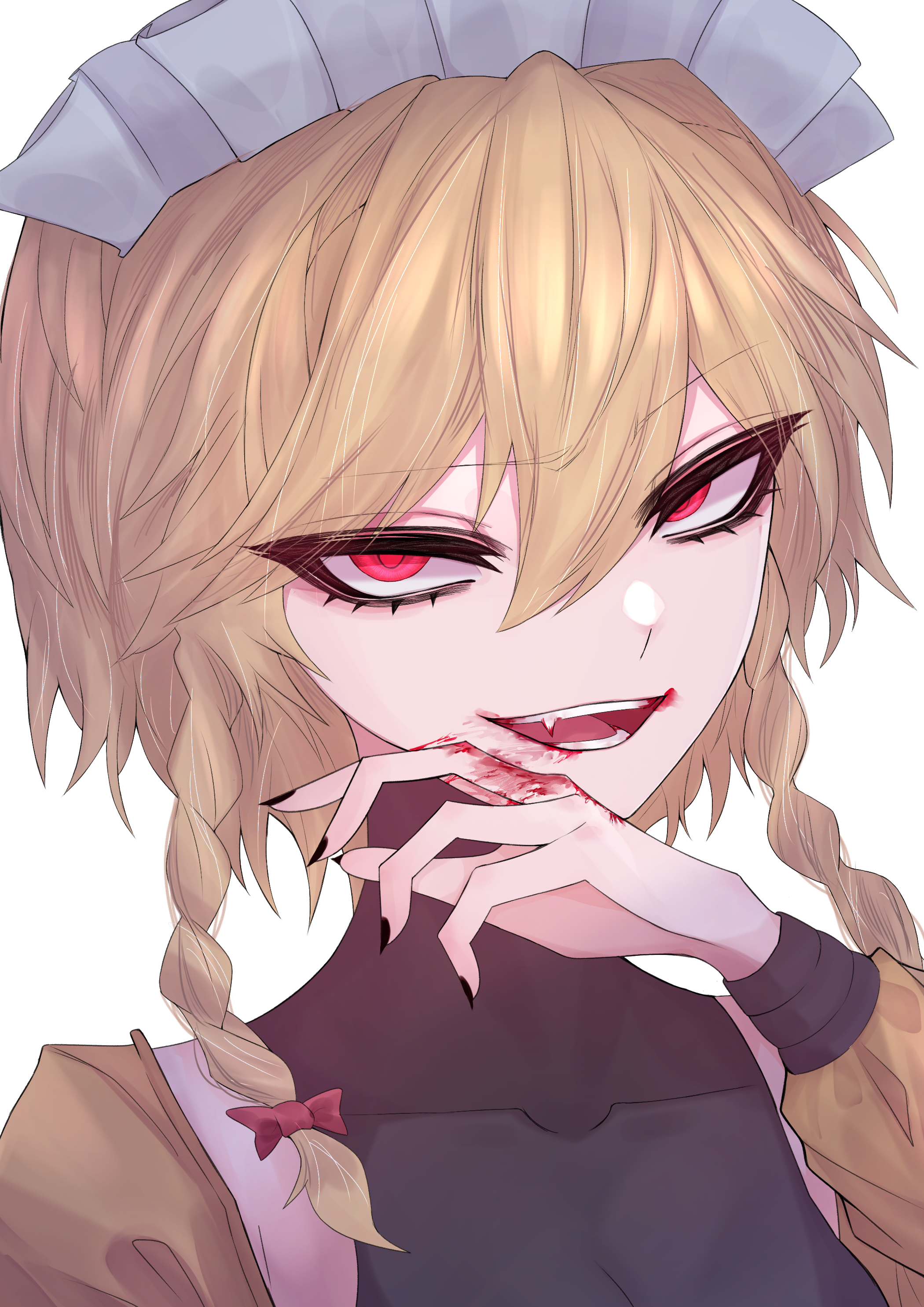 33 gaff, dio brando, izayoi sakuya, jojo no kimyou na bouken, touhou, absurdres, commentary request, highres, 1girl, alternate costume, alternate hair color, arm up, black eyeliner, black eyeshadow, black nails, blonde hair, blood, blood on face, blood on hands, braid, collarbone, cosplay, cropped torso, dio brando (cosplay), eyeliner, eyeshadow, fang, flat chest, hair between eyes, hair ribbon, long sleeves, looking at viewer, makeup, medium hair, nail polish, open mouth, red eyes, red ribbon, ribbon, simple background, solo, teeth, tress ribbon, twin braids, white background