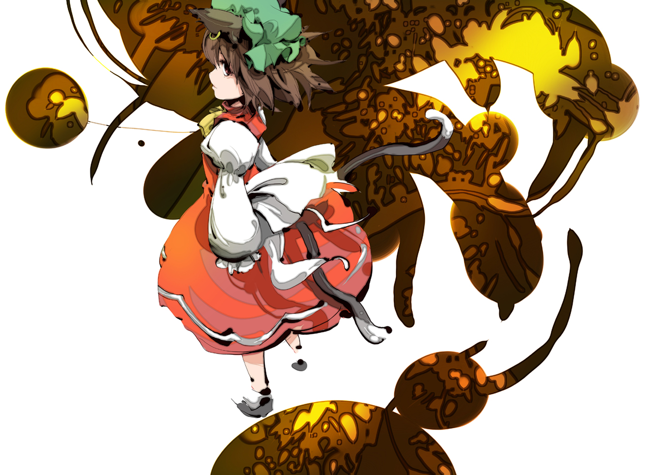 dain, chen, touhou, bad id, bad pixiv id, 1girl, animal ears, brown hair, cat ears, cat girl, cat tail, earrings, female focus, hat, jewelry, short hair, solo, tail, white background