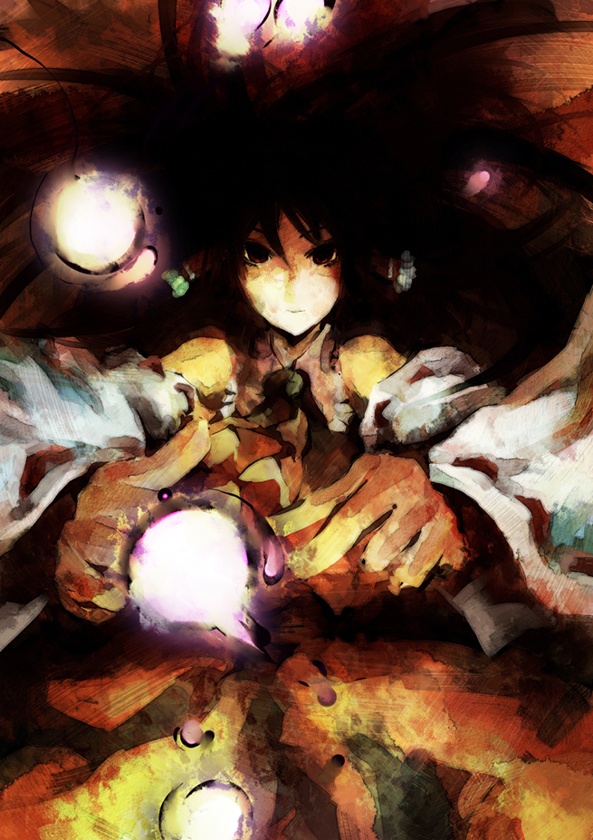 dain, hakurei reimu, touhou, bad id, bad pixiv id, 1girl, black hair, detached sleeves, female focus, japanese clothes, miko, red eyes, solo