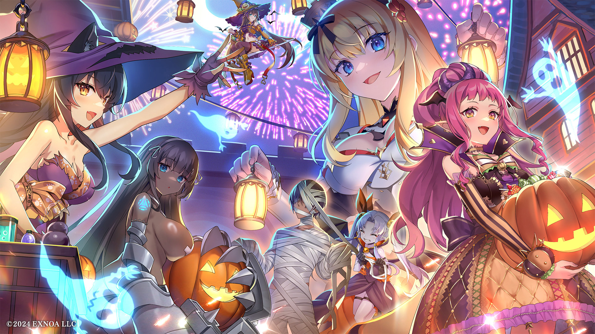 dmm, prince (sennen sensou aigis), monster musume td, sennen sensou aigis, highres, official art, 1boy, 6+girls, aerial fireworks, bare arms, black hair, blonde hair, blue eyes, boots, breasts, broom, broom riding, brown hair, cleavage, closed eyes, dark-skinned female, dark skin, dress, fingerless gloves, fireworks, gloves, halloween, hat, holding, holding pumpkin, jack-o'-lantern, lantern, multiple girls, mummy costume, open mouth, pink hair, pointy ears, pumpkin, smile, teeth, thighhighs, witch, witch hat, yellow eyes