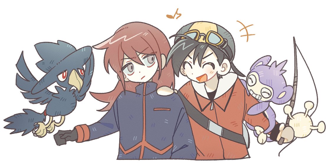 kong (6ki3ki), aipom, ethan (pokemon), murkrow, silver (pokemon), nintendo, pokemon, pokemon adventures, +++, 2boys, black hair, closed mouth, fishing rod, gen 2 pokemon, gloves, goggles, goggles on headwear, hand on another's shoulder, hat, holding, holding fishing rod, jacket, long hair, long sleeves, male focus, multiple boys, musical note, pokemon (creature), pokemon on arm, red hair, red jacket, simple background, white background