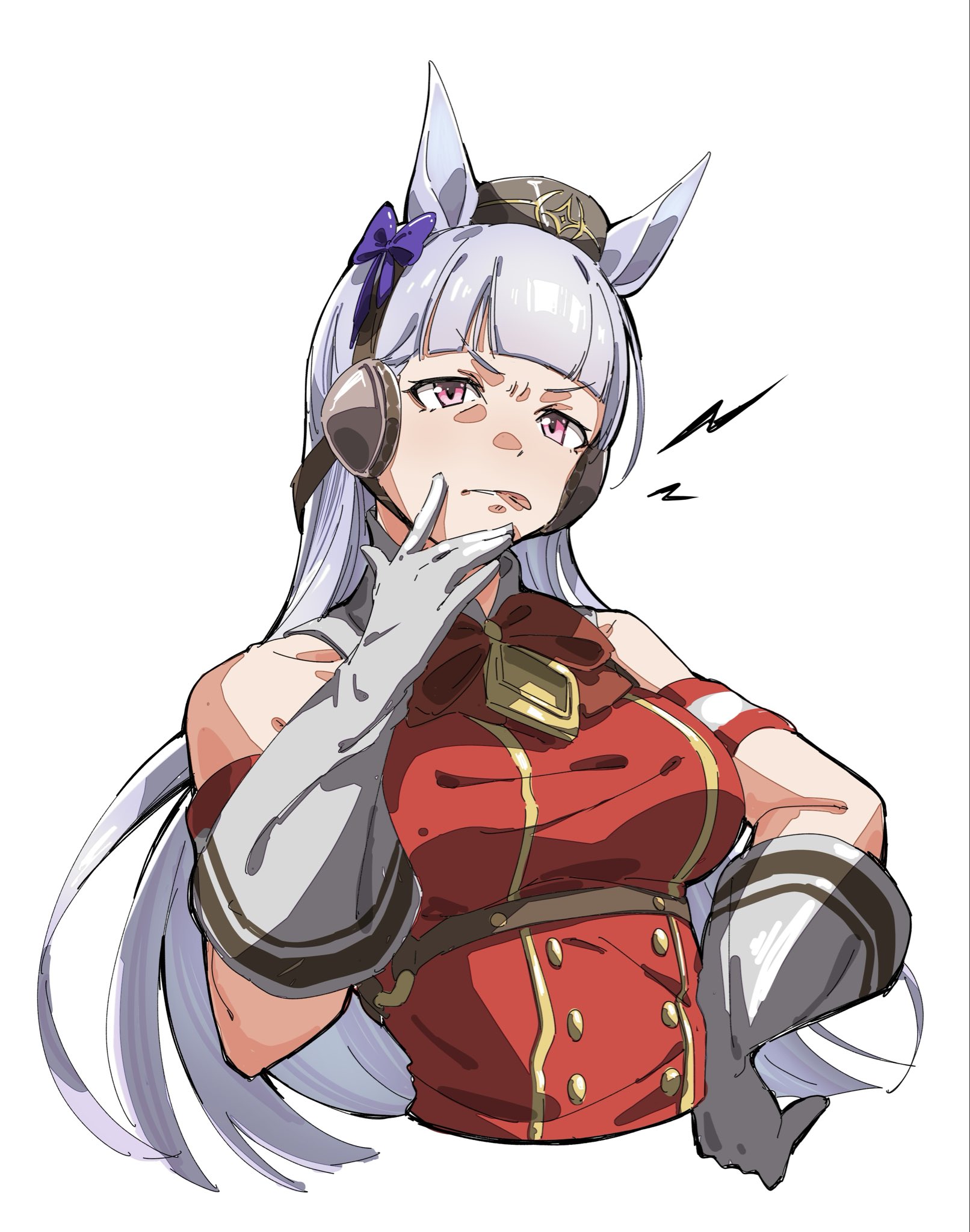 ohayonabeno, gold ship (red strife) (umamusume), gold ship (umamusume), umamusume, highres, 1girl, animal ears, armband, blunt bangs, bow, bowtie, breasts, brown hat, closed mouth, dress, ear bow, ear ribbon, gloves, grey hair, hat, horse ears, horse girl, large breasts, long hair, pillbox hat, purple bow, purple eyes, red armband, red dress, simple background, sleeveless, sleeveless dress, solo, striped armband, striped clothes, tongue, tongue out, upper body, white armband, white background, white gloves